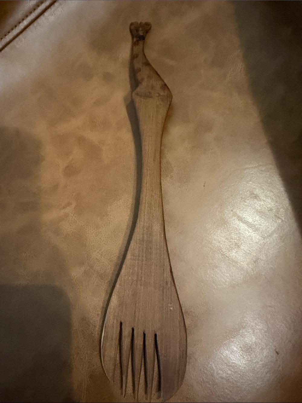Hand Carved Wooden Salad Server with Giraffe Handle - Brown